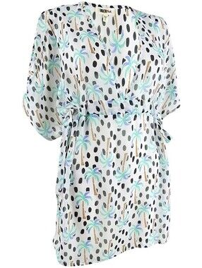 Miken Womens Printed Split Sleeve Dolman Cover Up White Aqua Size M